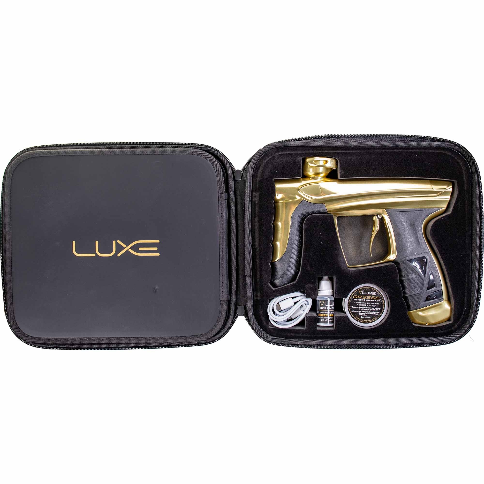 Paintballgewehr, goldene Farbe, Pistolengriff, Hülle, Zubehör