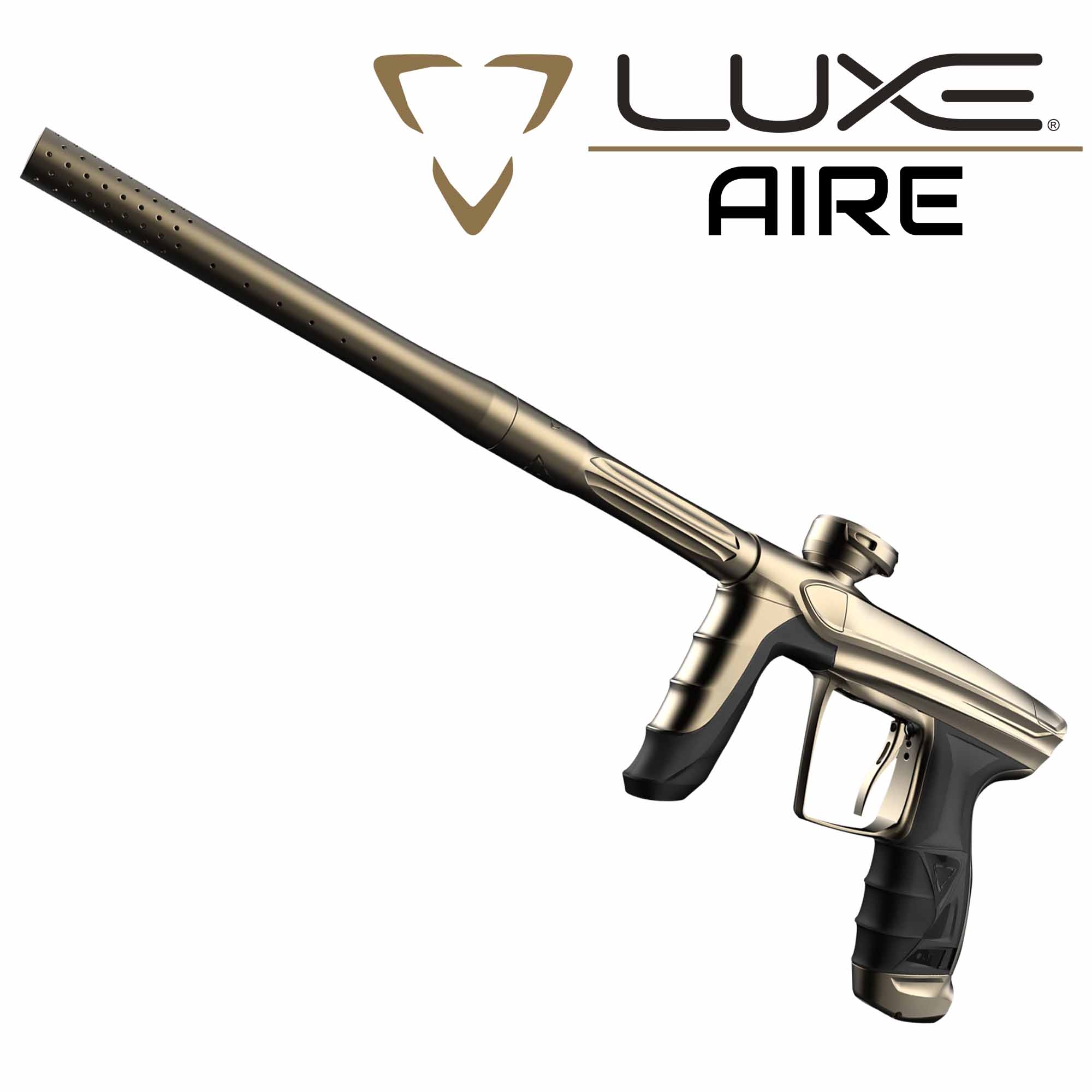 DLX Luxe® AIRE Markierer, gold matt paintball pistol, gas ram, pneumatic marker, bronze color, long barrel