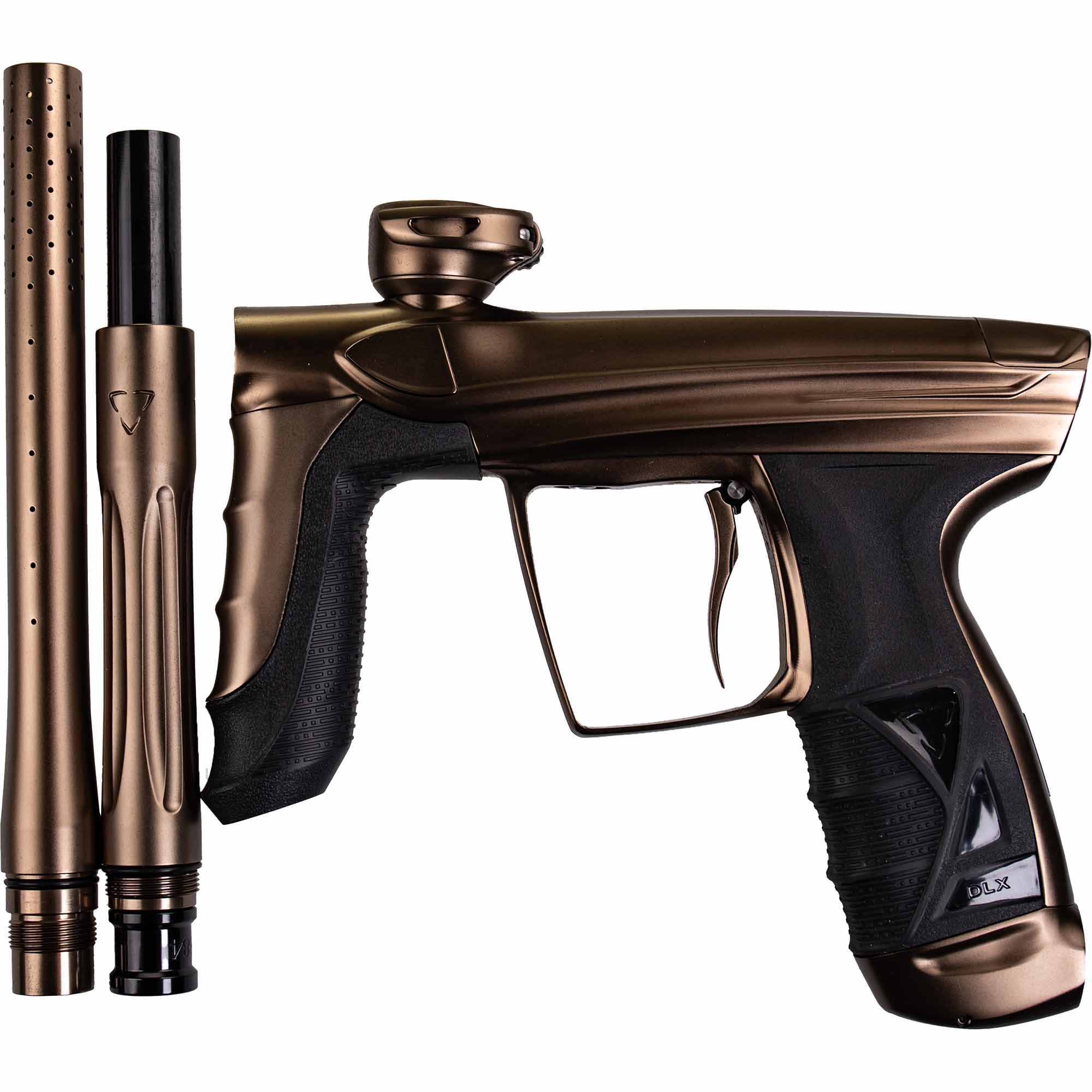 DLX Luxe® AIRE Markierer, kupfer matt Paintball-Pistole, GFP, Bronzefinish, Grifstruktur, Barrel-Erweiterungen