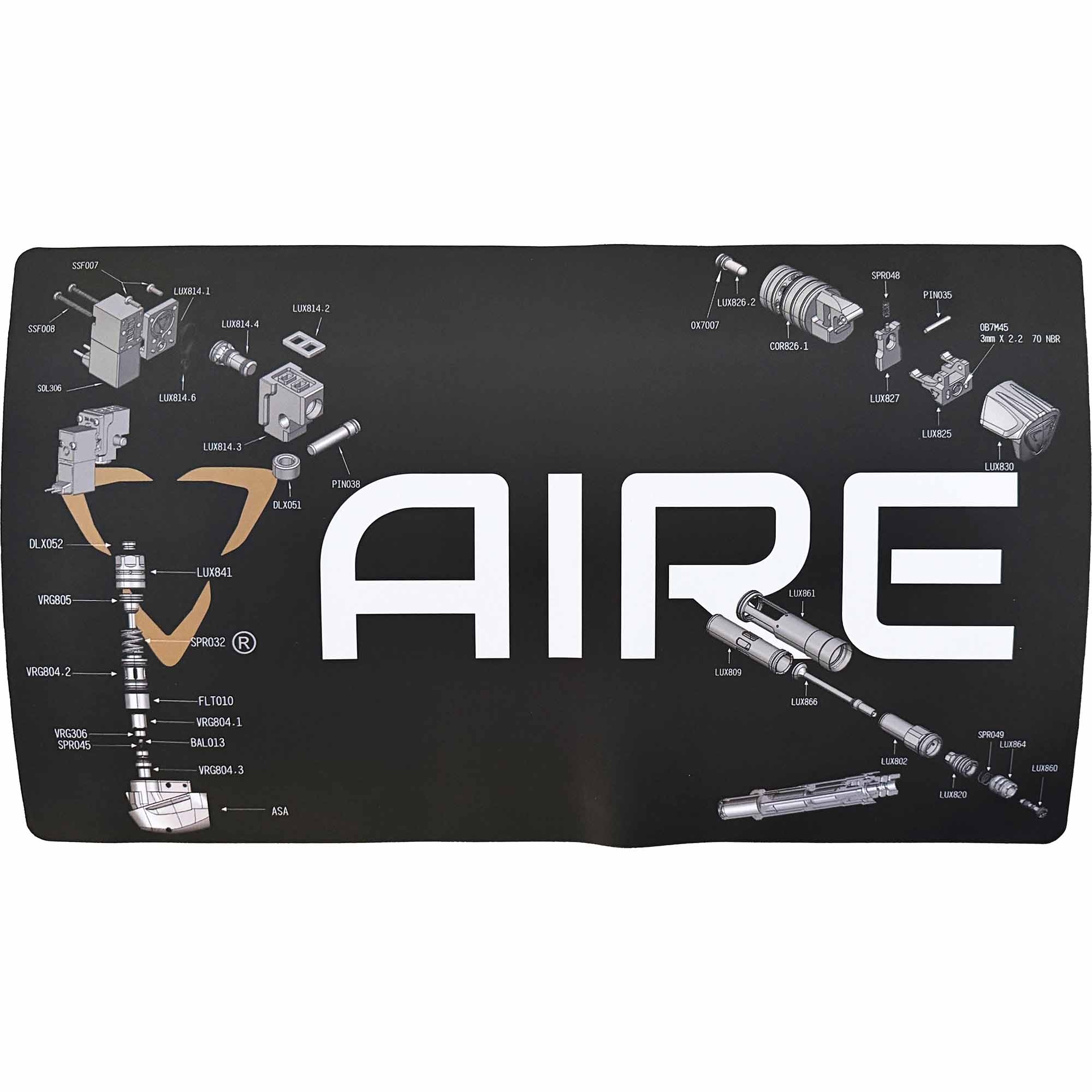 DLX Luxe® AIRE Techmatte matte schwarz mat, arbeitsmatte, schrauberset, mechanische bauteile, montage diagramm, matte schwarz mat, arbeitsmatte, schrauberset, mechanische bauteile, montage diagramm