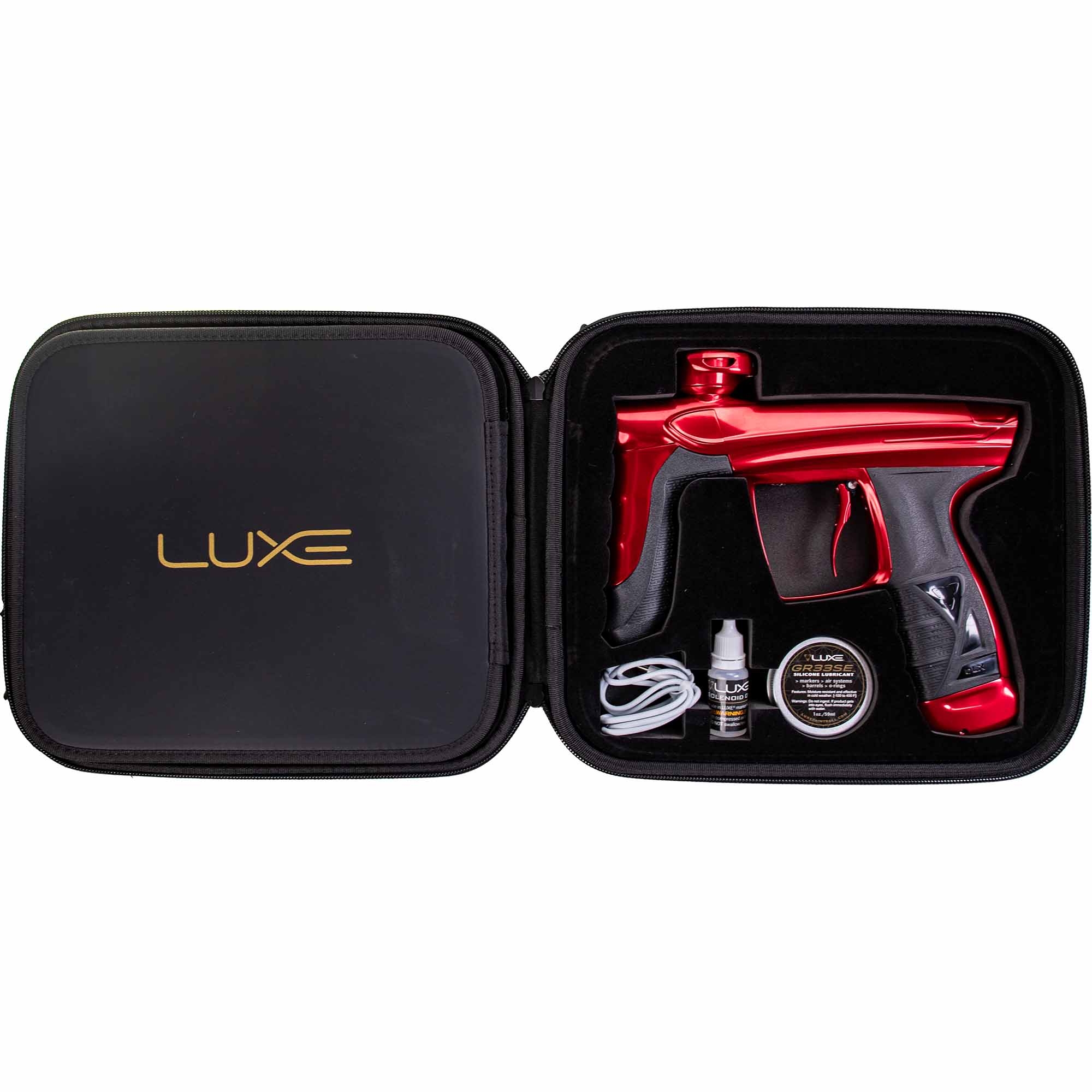 DLX Luxe® AIRE Markierer, rot poliert Pistolenkopier, Paintball-Pistole, Rot, Zubehör-Set, Koffer