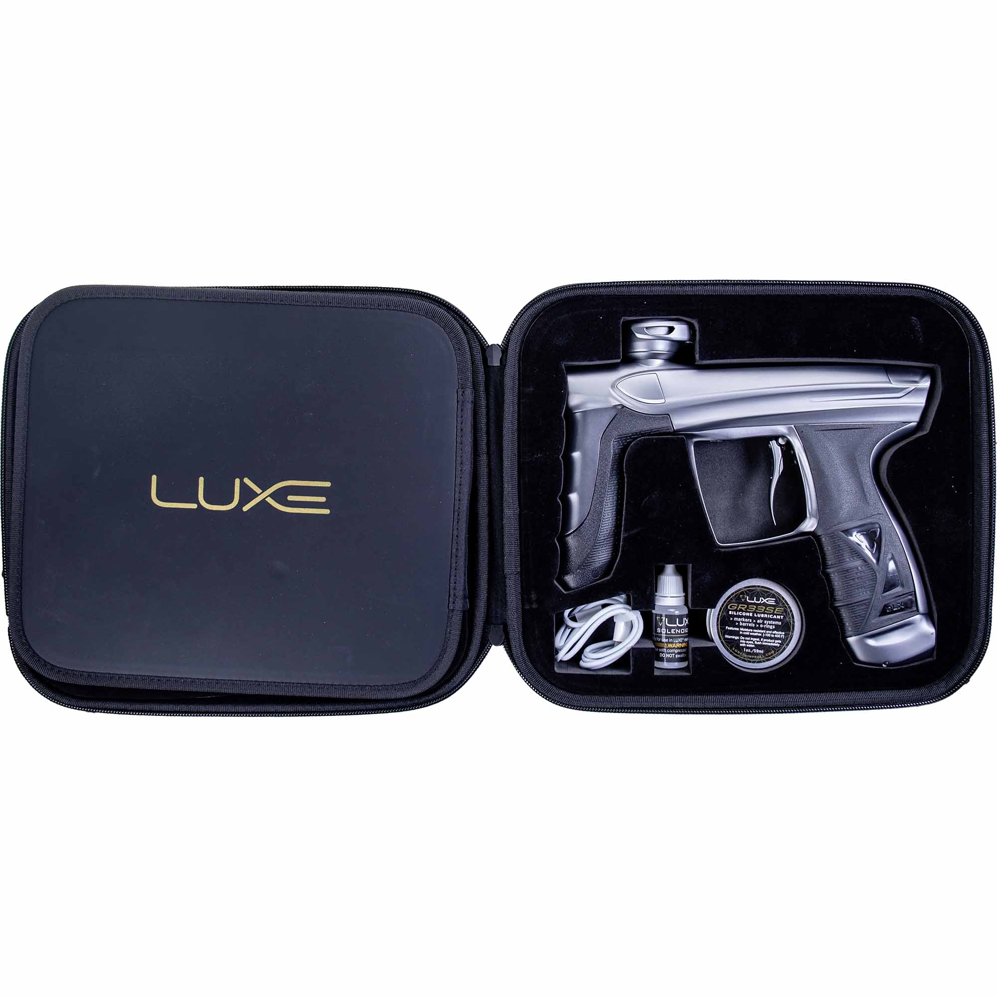 DLX Luxe® AIRE Markierer, grau matt Schusswaffe, Pistole, Lackierter Griff, Schraubenkoffer, Zubehörset